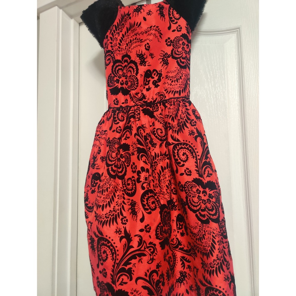 Wonder Nation Girls Red Black Damask Faux Fur Holiday Party Dress Size 12 - Picture 3 of 7